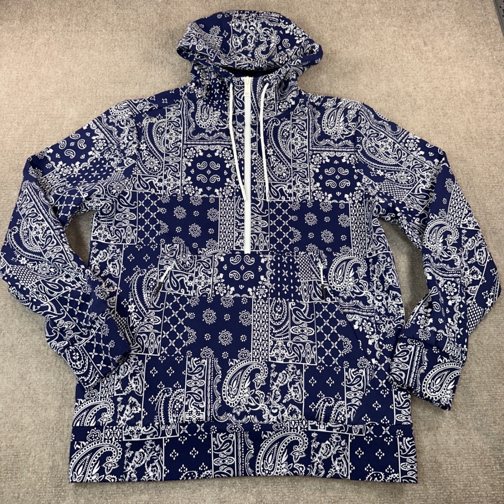 RLX Ralph Lauren Mens Navy Bandana Paisley Patchwork Quarter Zip Hoodie Size M